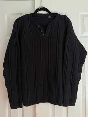 90s Haggar black cableknit chunky henley boxy sweater size XL ramie cotton